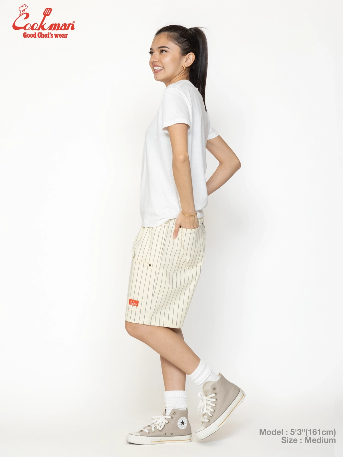 �����եѥ�� Chef Pants Short Front Pocket Herringbone Stripe Cream