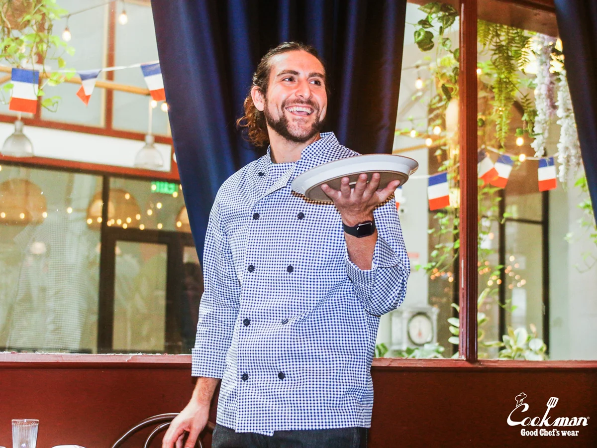 �����ե����� Chef Coat Long Sleeve Vented Gingham Navy