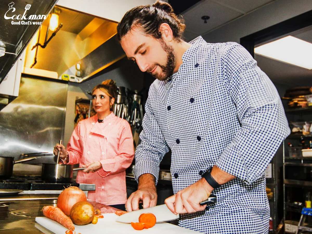 �����ե����� Chef Coat Long Sleeve Vented Gingham Navy