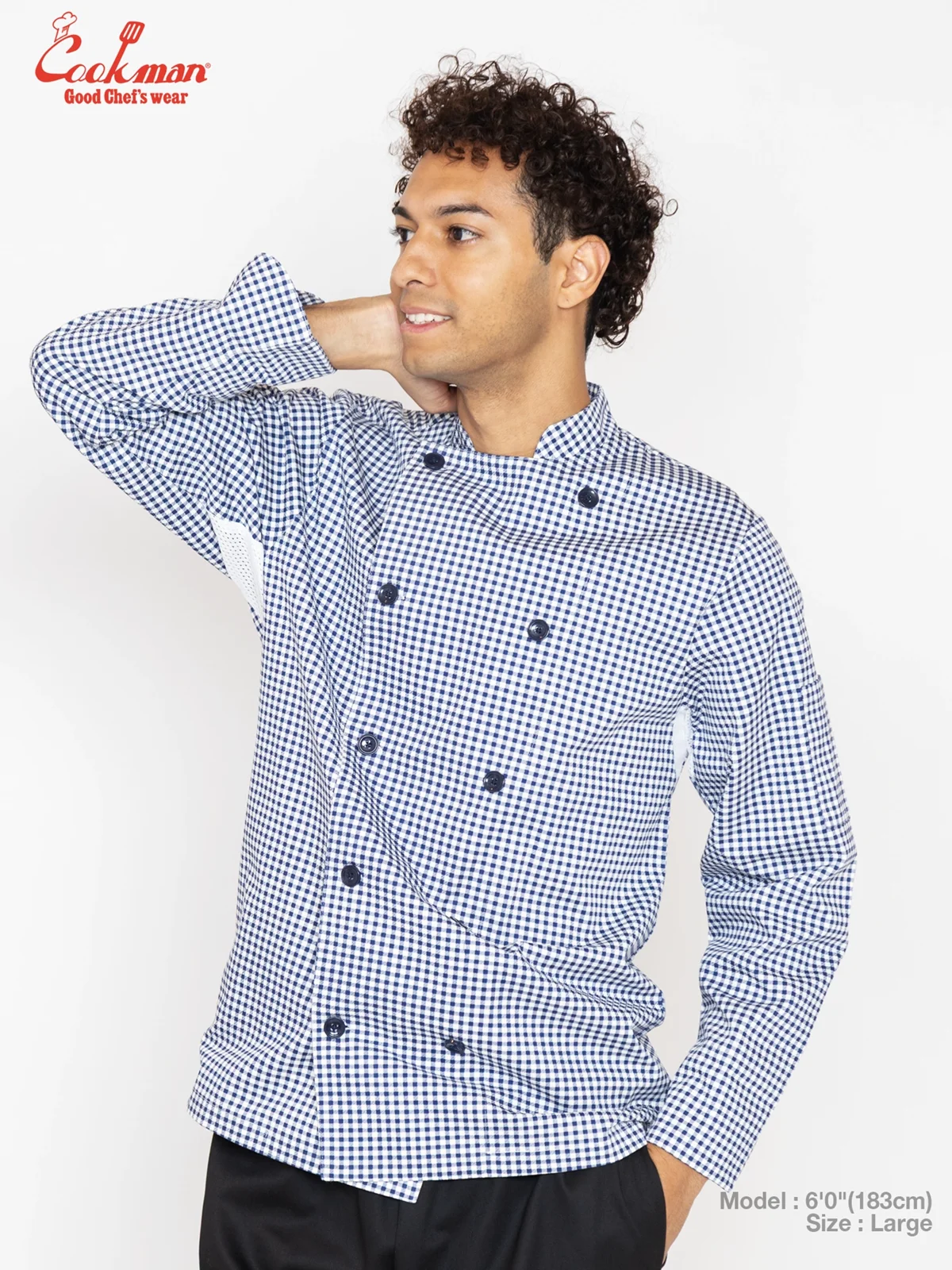 �����ե����� Chef Coat Long Sleeve Vented Gingham Navy