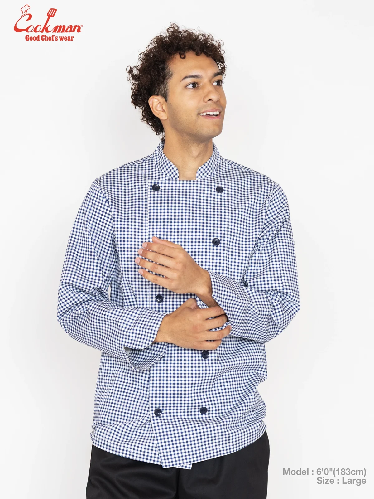 �����ե����� Chef Coat Long Sleeve Vented Gingham Navy