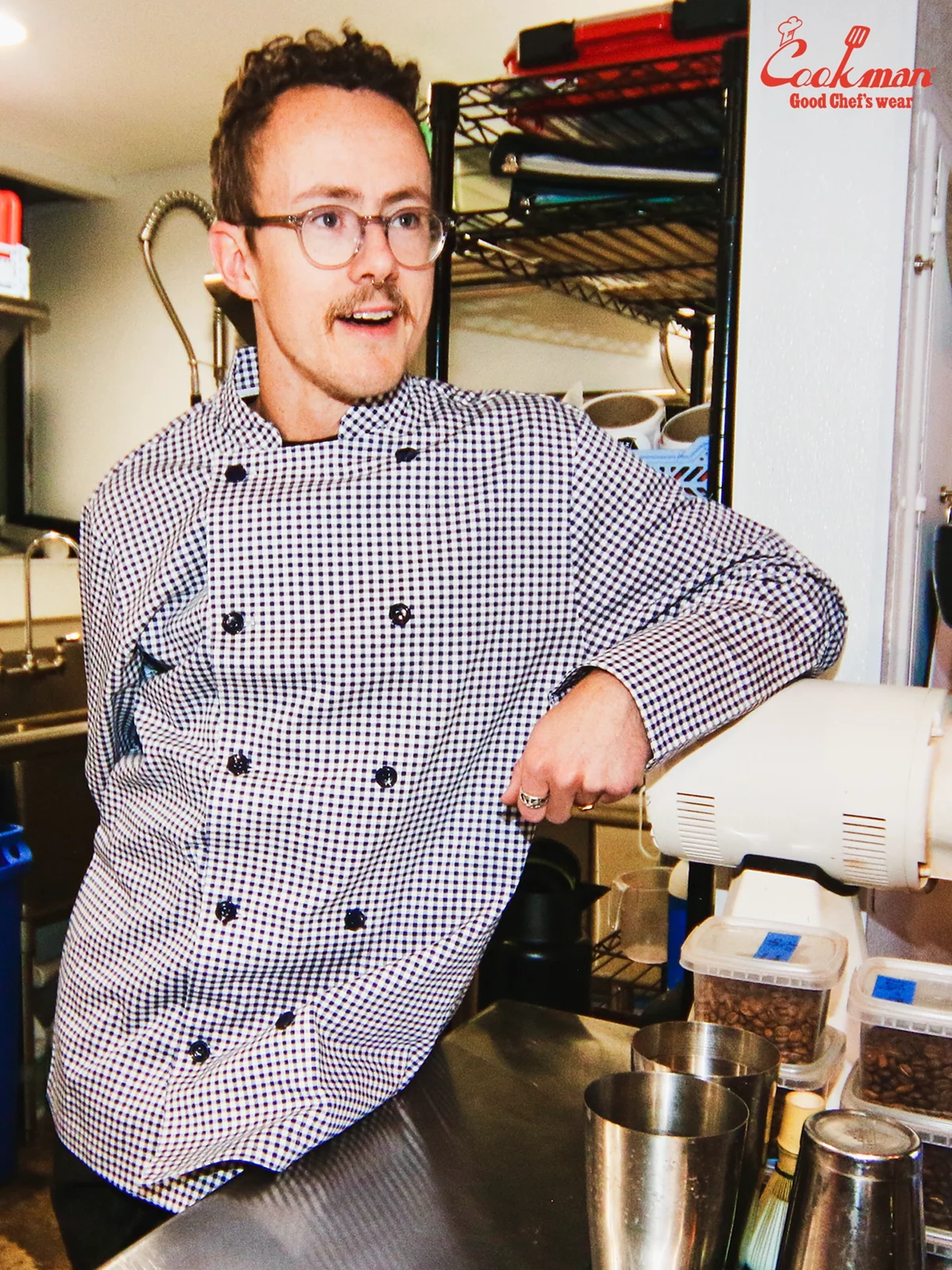 �����ե����� Chef Coat Long Sleeve Vented Gingham Navy