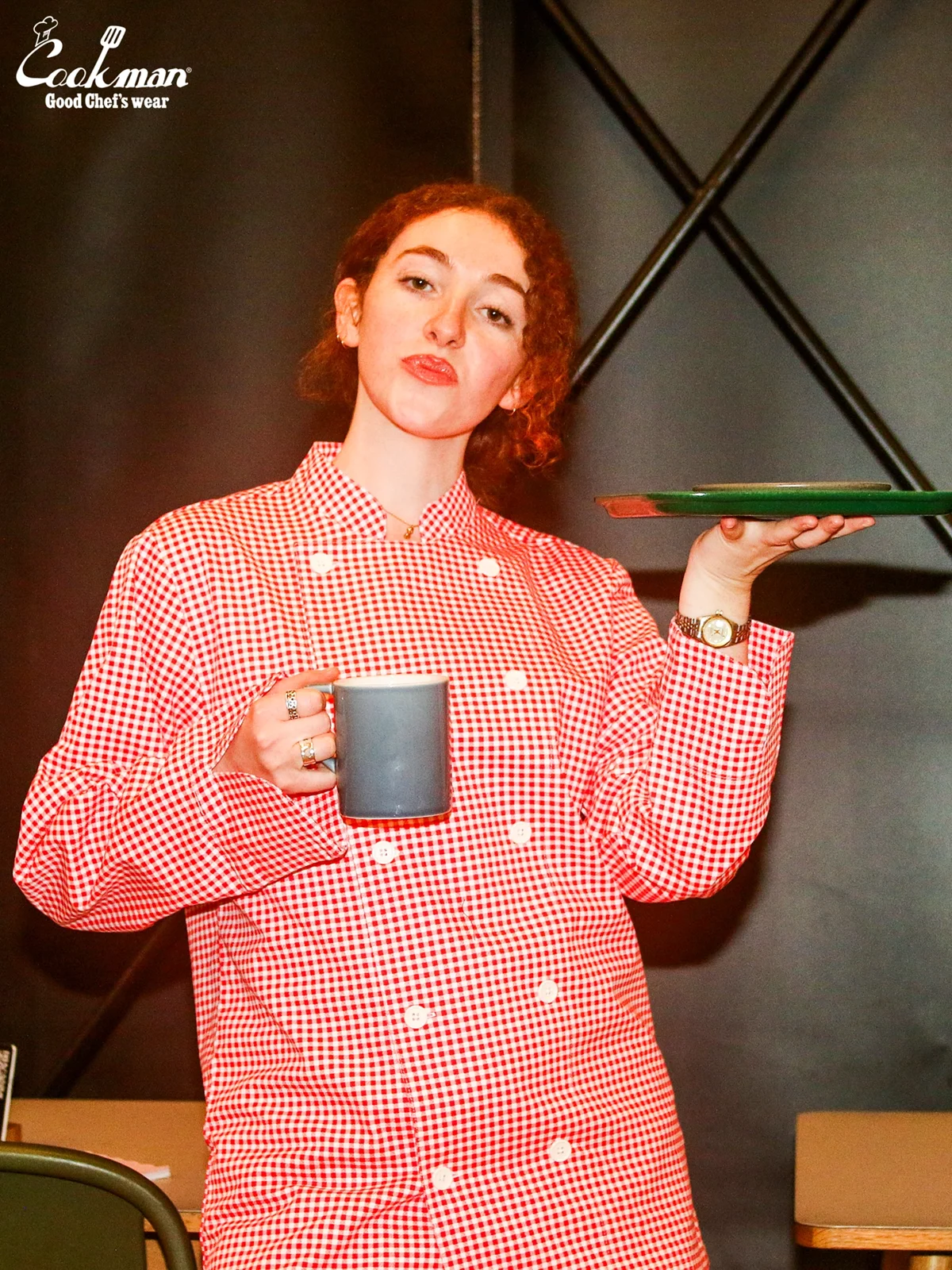 �����ե����� Chef Coat Long Sleeve Vented Gingham Red