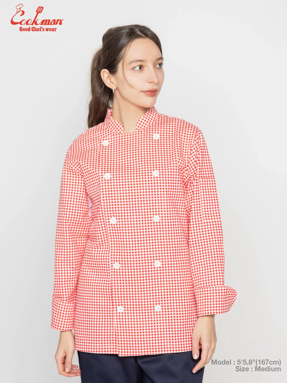 �����ե����� Chef Coat Long Sleeve Vented Gingham Red