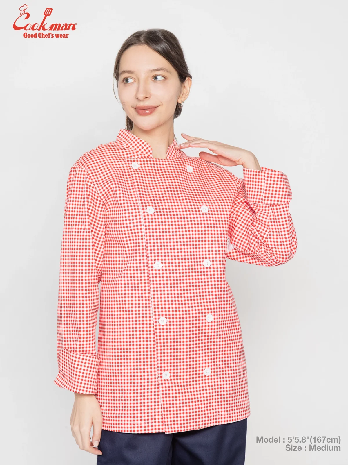 �����ե����� Chef Coat Long Sleeve Vented Gingham Red
