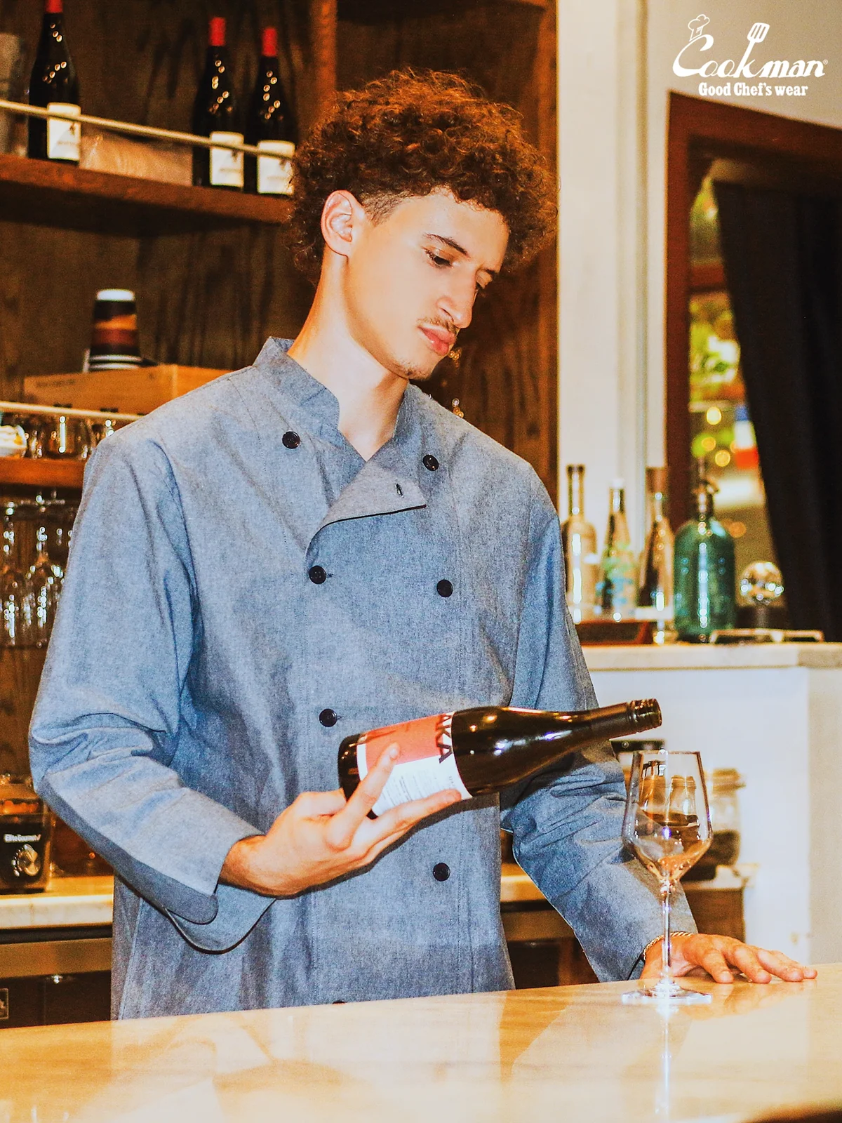 �����ե����� Chef Coat Long Sleeve Vented Chambray Blue