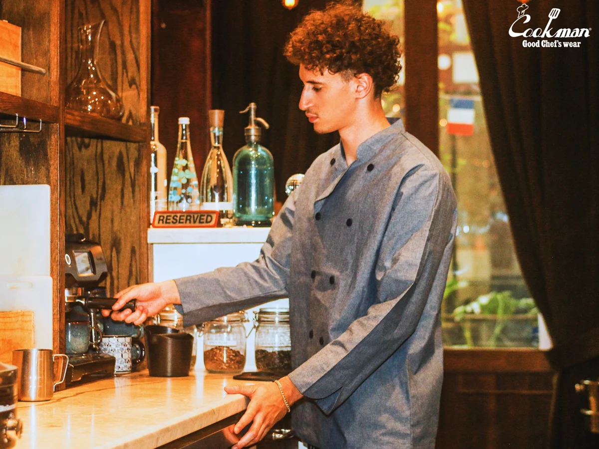 �����ե����� Chef Coat Long Sleeve Vented Chambray Blue