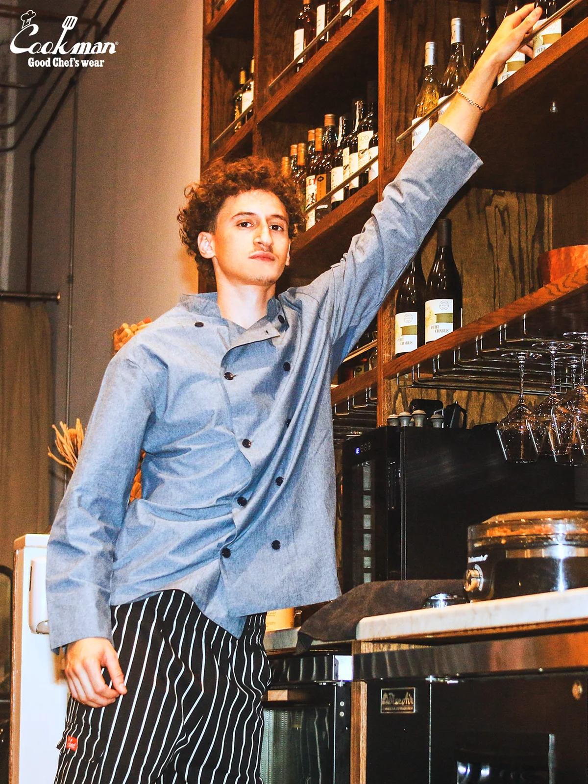 �����ե����� Chef Coat Long Sleeve Vented Chambray Blue