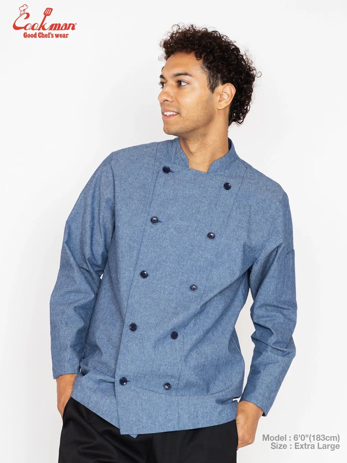 �����ե����� Chef Coat Long Sleeve Vented Chambray Blue
