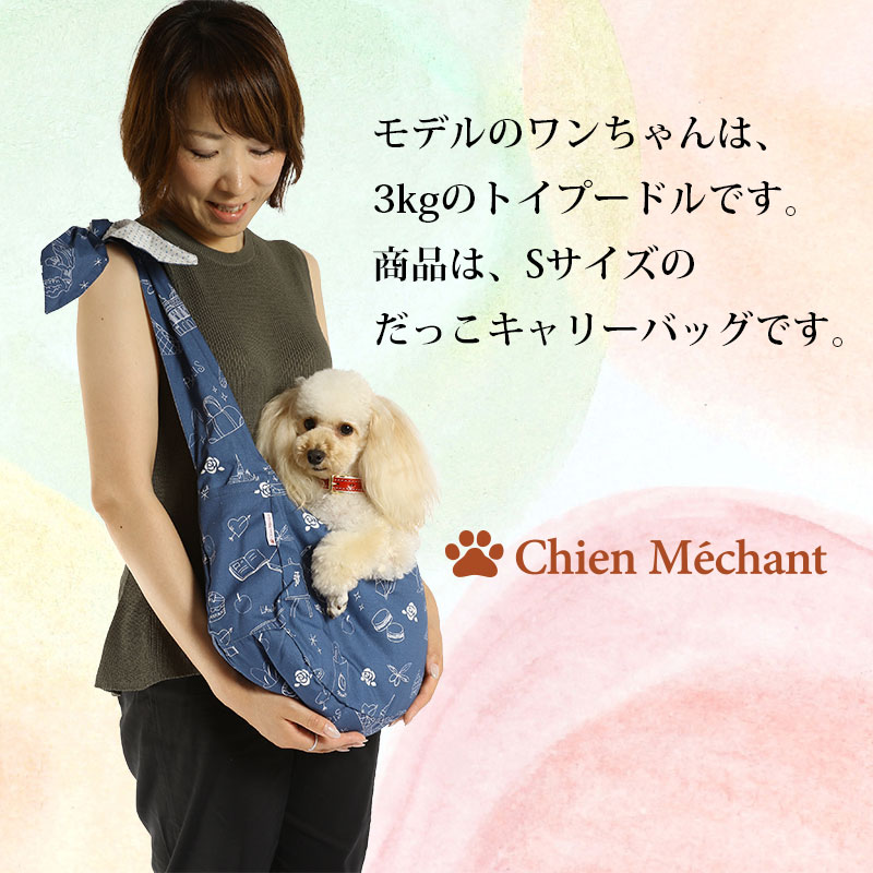 モデルのワンちゃんは、3kgのトイプードルです。商品は、Sサイズのだっこキャリーバッグです。