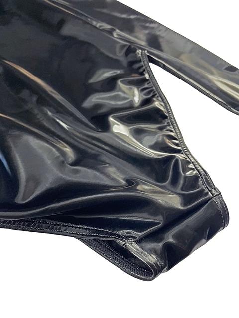 コスメイトオリジナル 合皮2WAYストレッチ素材フロントギャザー長袖レオタード