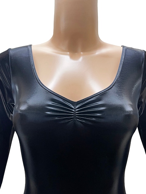 コスメイトオリジナル 合皮2WAYストレッチ素材フロントギャザー長袖レオタード