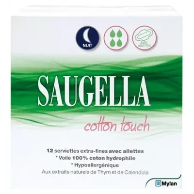 【サウジェラ】コットンタッチ シート１2枚入り（極うすスリム多い夜用羽つき）<br>【SAUGELLA】COTTON TOUCH 12 SERVIETTES EXTRA FINES NUIT