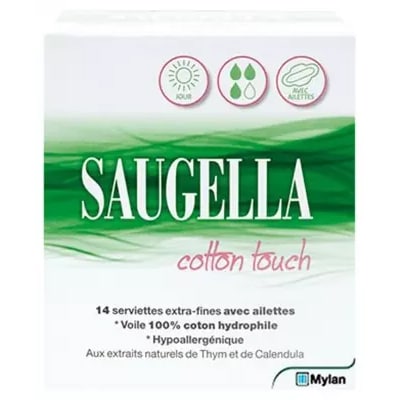 【サウジェラ】コットンタッチ シート１4枚入り（極うすスリム多い昼~普通の日用羽つき）<br>【SAUGELLA】COTTON TOUCH 14 SERVIETTES EXTRA FINES JOUR