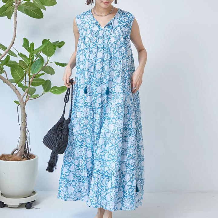 【美品】Fabindia ファブインディア　スリットワンピース　ブロックプリント インド・ブロックプリント】元インド在住者がおすすめする