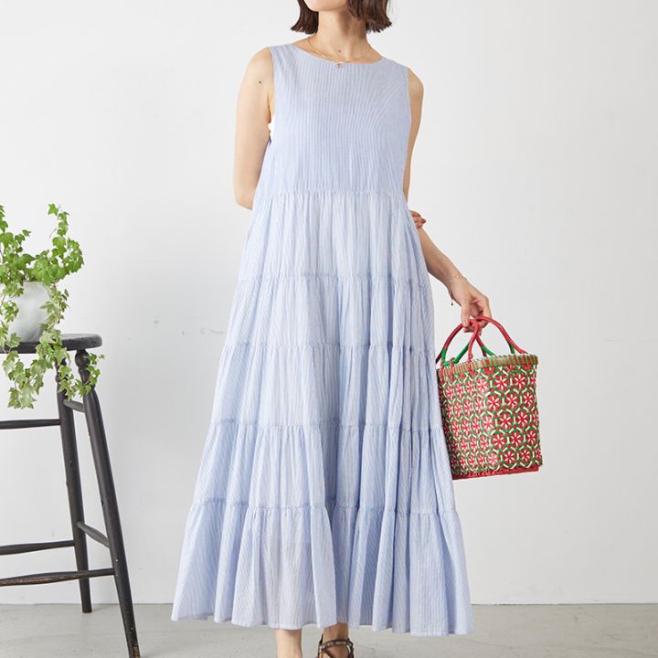ハイカウントコットンボイルティアードノースリーブワンピース