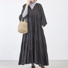 Fanaka ファナカ クリンクル 袖 フレア ロングワンピース ドット 黒 Fanaka クリンクル袖フレアロングワンピース