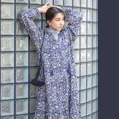 Fanaka ファナカ クリンクル 袖 フレア ロングワンピース ドット 黒 SHIPS｜<手洗い可能>Fanaka:クリンクル 袖 フレア ロング