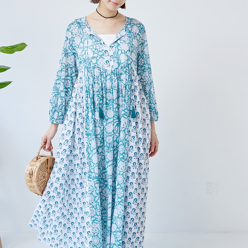 美品】Fabindia ファブインディア スリットワンピース ブロック