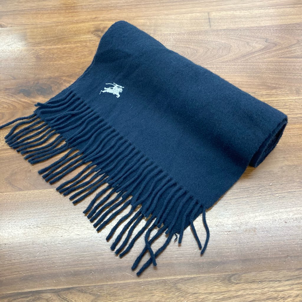 中古 Burberrys バーバリー カシミヤマフラー 濃紺モノトーン 136×30cm