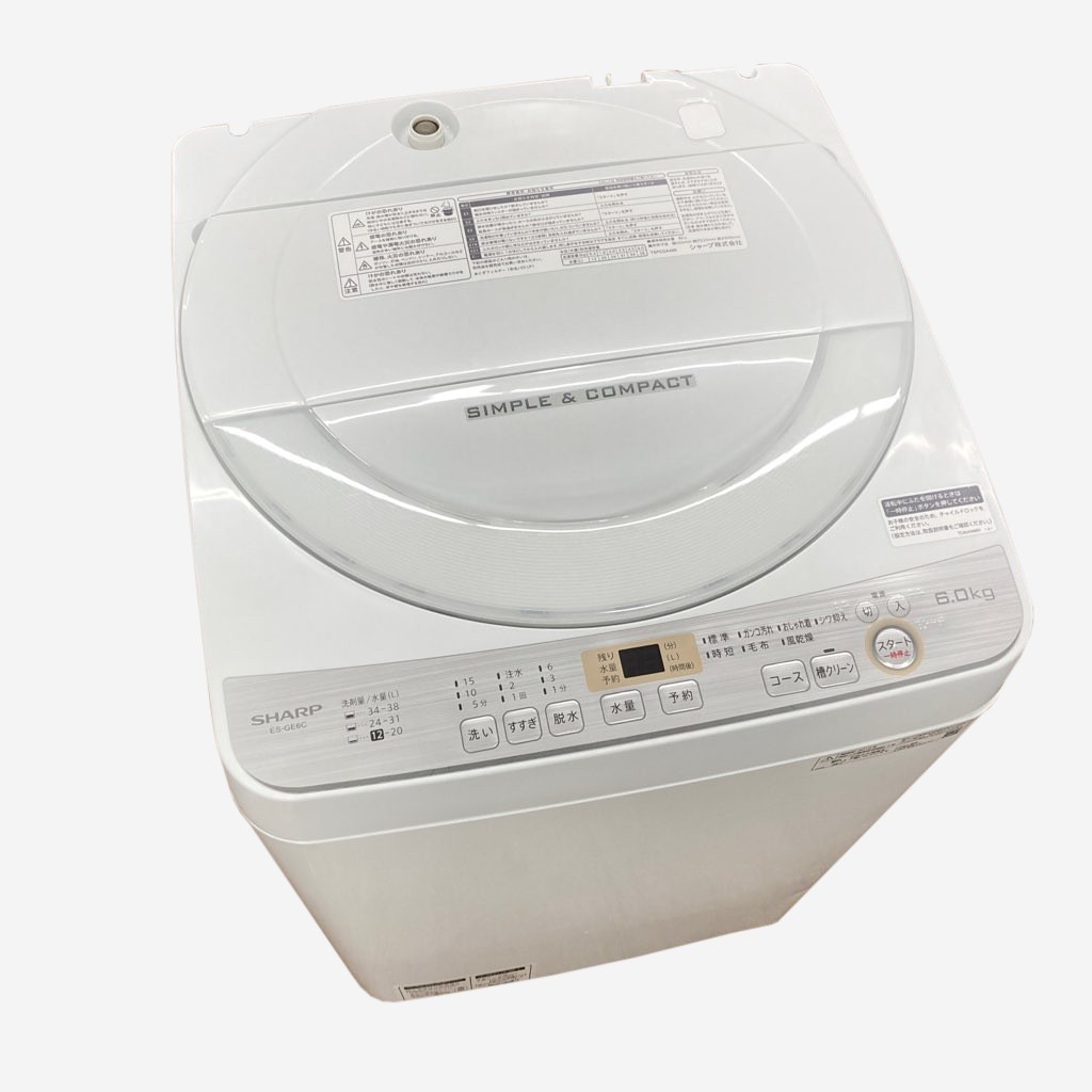 中古 6.0kg 全自動洗濯機 シャープ ES-GE6C-W プラズマクラスター送風 