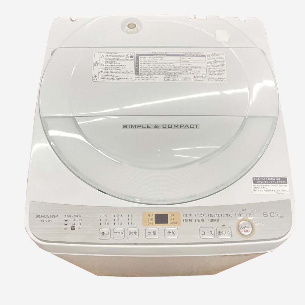 中古 6.0kg 全自動洗濯機 シャープ ES-GE6C-W プラズマクラスター送風