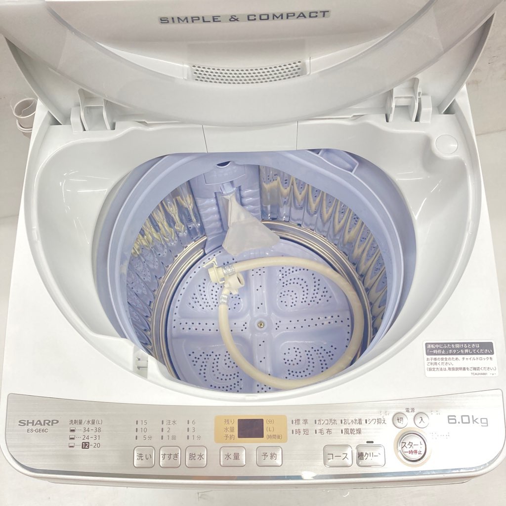 中古 6.0kg 全自動洗濯機 シャープ ES-GE6C-W 2018年製造 一人暮らし