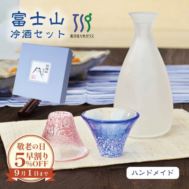 【敬老の日早割りSALE 5%OFF】富士山グラス 冷酒杯 青・赤 冷酒セット 専用化粧箱 東洋佐々木ガラス（G639-M76）