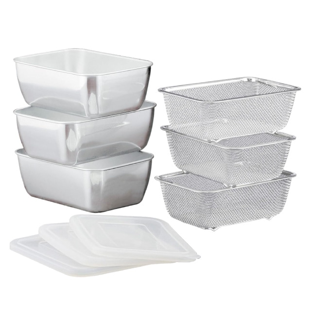 角型バット＆ザル 9個セット シリコンフタ付き ステンレス製 日本製 下村企販 [KU] 4957423090124