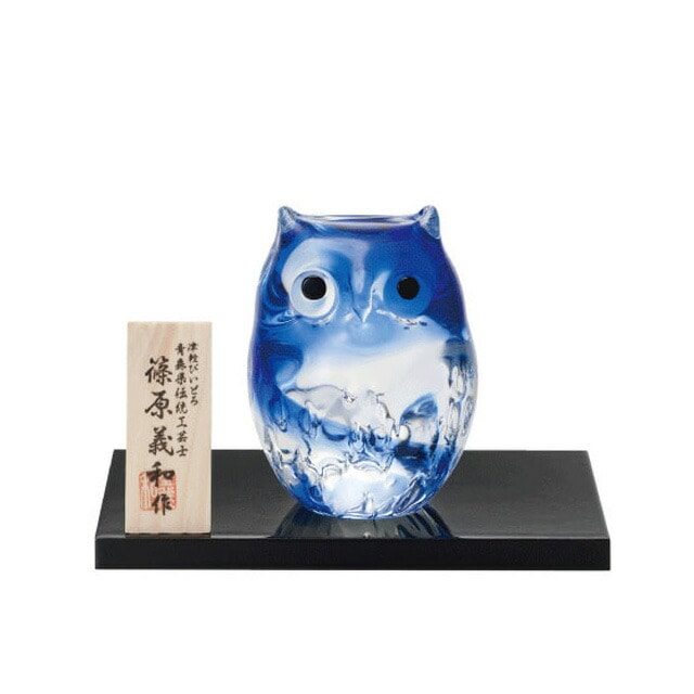 置物 子ふくろう ブルー 津軽びいどろ アデリア 石塚硝子（F-62125）