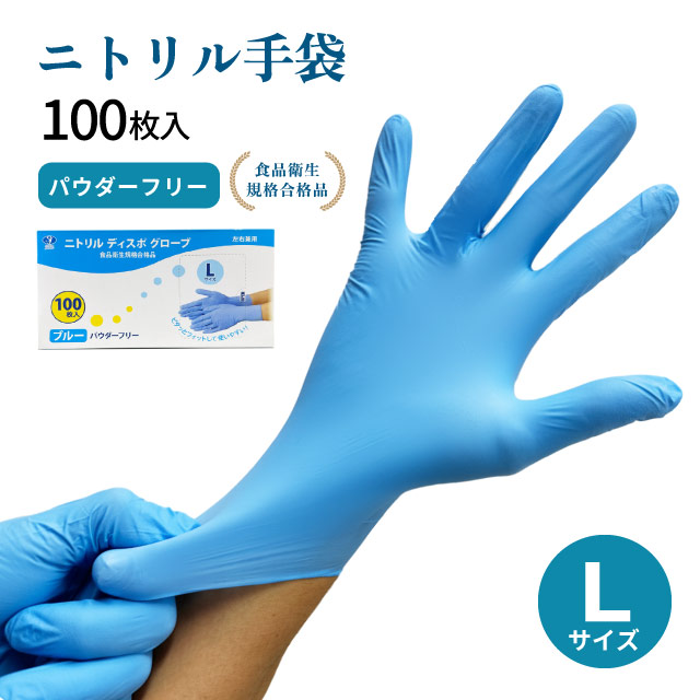 使い捨て手袋 ニトリル ディスポグローブ パウダーフリー Lサイズ 100枚・500枚・1000枚  ブルー（GLV-L-BL）