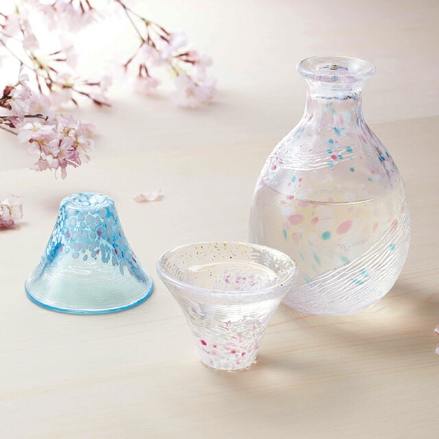 【正規逆輸入品】 晴桜 淡桜 3点セット 冷酒杯酒器 徳利 東洋佐々木ガラス 桜富士 工芸品