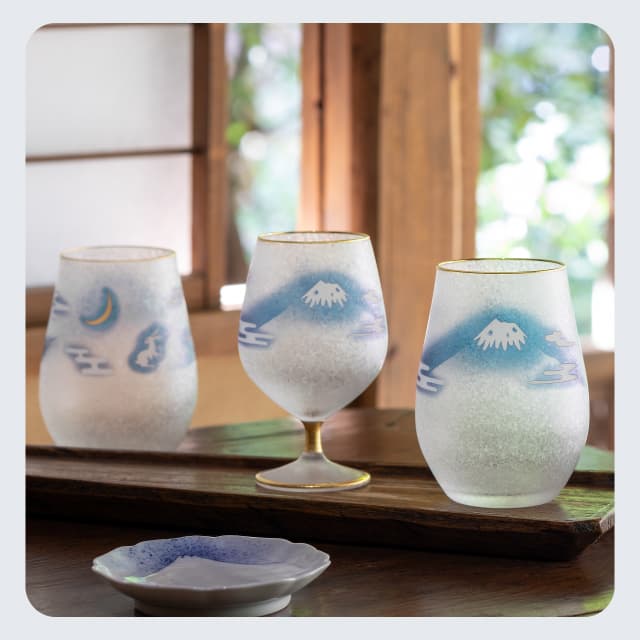 脚付杯 210ml 富士月兎図 プレミアム  日本製 アデリア 石塚硝子（6848）