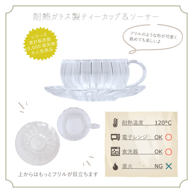ティーカップ＆ソーサー 240ml 耐熱ガラス ティーフォーツー ウェーブ 吉谷硝子（YF-101W）