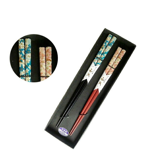 MARUZEN/マルゼン 夫婦箸・家族箸シリーズ 和紙サクラ 夫婦箸セット 黒箱入（22.5/21cm）（8-5-2）