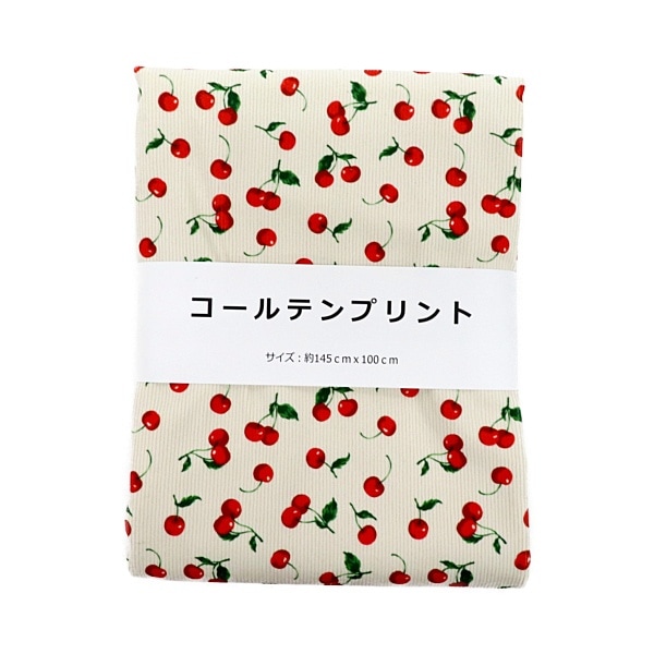 生地 コールテンプリント チェリー柄 アイボリー 【1mカットクロス