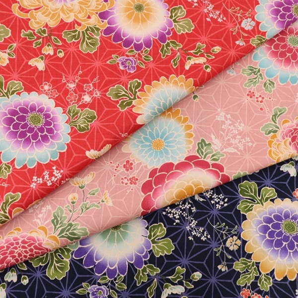 生地 ゆめゆらら スケアープリント 麻の葉に丸菊柄 DR11670-2 | 手芸