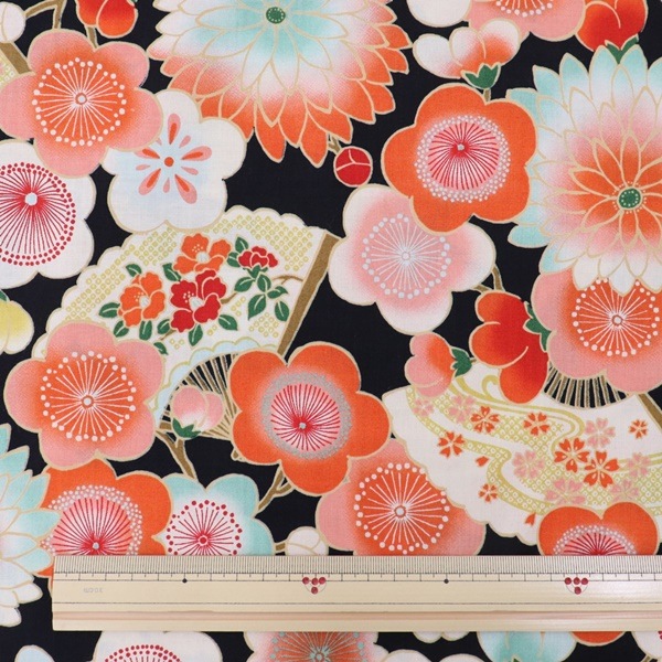 生地 ゆめゆらら スケアープリント 扇子に梅菊柄 DR11670-3