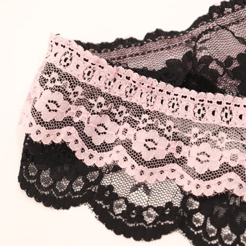 ラッセル二重フリルレース 65mm幅 DF-003B ピンク×黒（50cm単位
