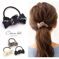 【ゆうパケット】ヘアゴム ヘアアクセサリー リボン ビーズ 上品 清楚 グレージュ ネイビー ホワイト ブラック 結婚式 お呼ばれ 女性 デイリー 大人 可愛い ガール カジュアル オフィス シンプル