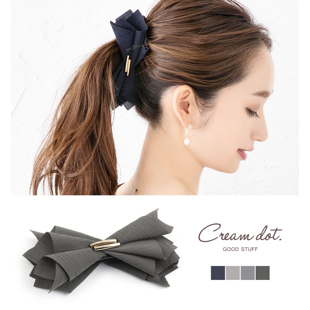 【ゆうパケット】バナナクリップ しっかり リボン メタル ヘアクリップ ヘアアクセサリー 大人 上品 エレガント シンプル フェミニン オフィス 通勤 きれいめ ネイビー ベージュ グレー カーキ o