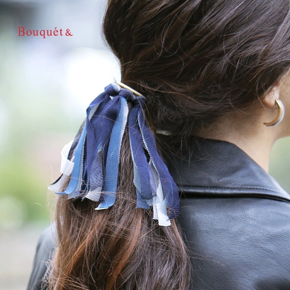 中】【足長め】たらりん ヘアゴム ネイビー ブルー系 大人カラー  