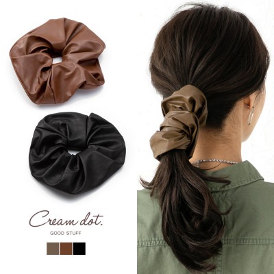 【ゆうパケット】シュシュ 大人っぽい ボリューム 大きめ ヘアアクセサリー エコレザー puレザー フェイクレザー 大人 上品 エレガント シンプル カジュアル ベージュ ブラウン ブラック 黒 ou