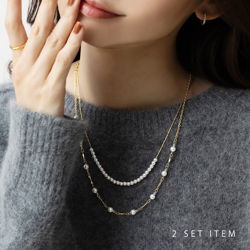 即発 パール & クリスタル ショート & ロング 2way ネックレス ゆうパケット】 2点セット ネックレス 金属アレルギー ニッケル