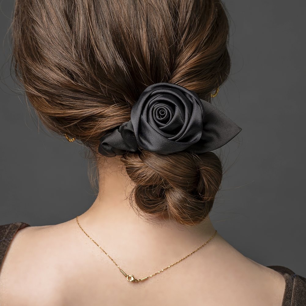 ゆうパケット】 シュシュ ローズ リボン 光沢 サテン フラワー