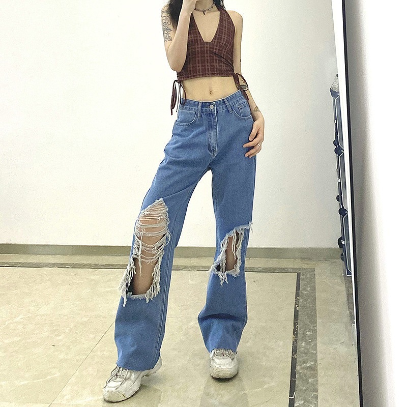 ダメージデニム レディース クラッシュジーンズ ゆったりデニム ワイドジーンズ ダンス 衣装 韓国 ファッション ヒップホップ hiphop