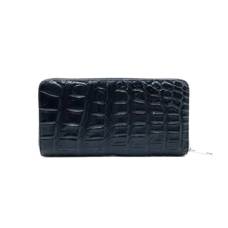 クロコダイル　長財布　ブラック　ラウンドファスナー(シルバー)