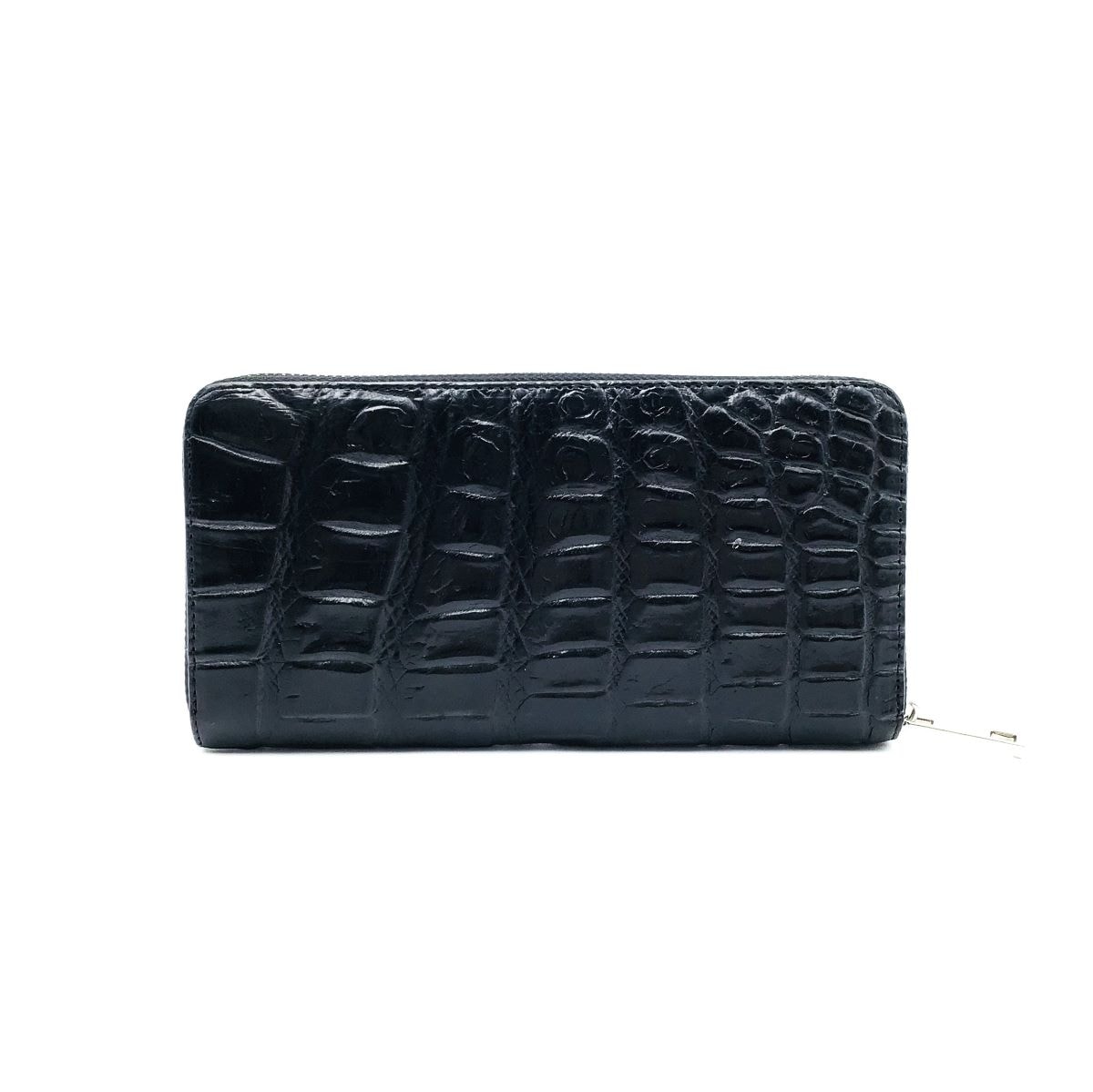 クロコダイル　長財布　ブラック　ラウンドファスナー(シルバー)