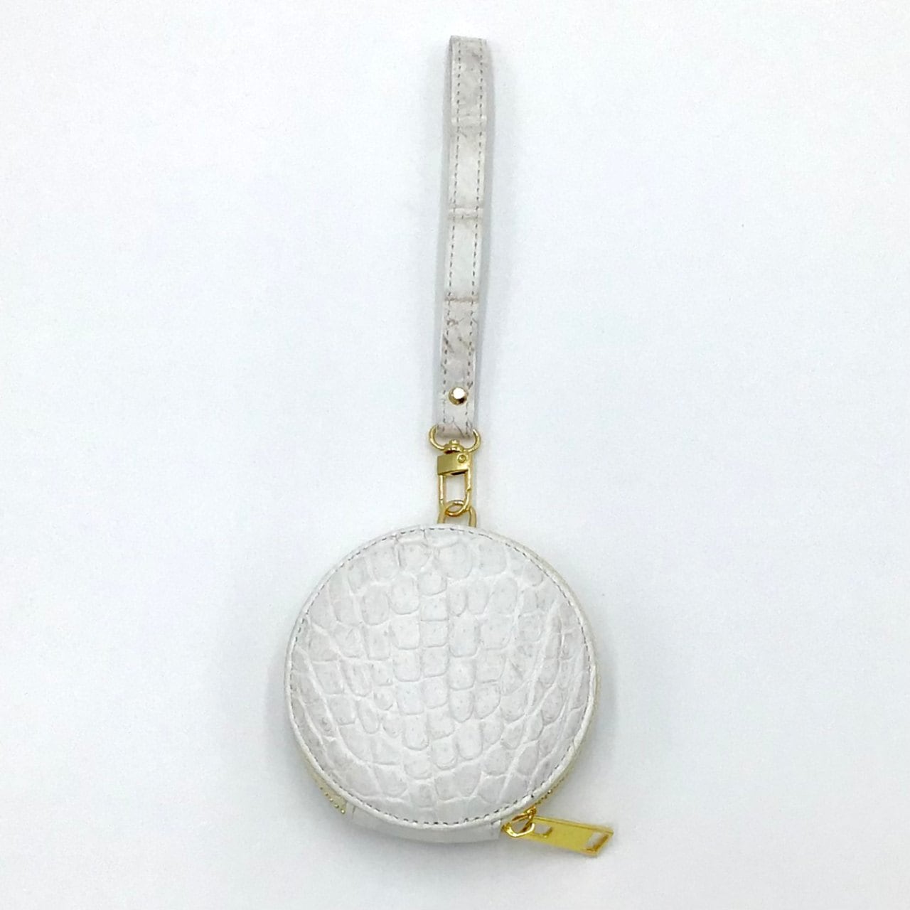 クロコダイル　ミニマルチポーチ丸形　ストラップ付　ホワイト