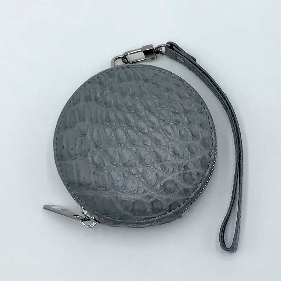 クロコダイル　ミニマルチポーチ丸形　ストラップ付　グレー
